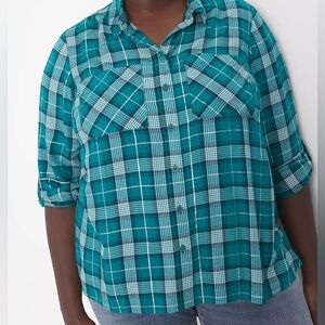 Lane Bryant Relaxed Button-Front Step-Hem Plaid Boyfriend Shirt